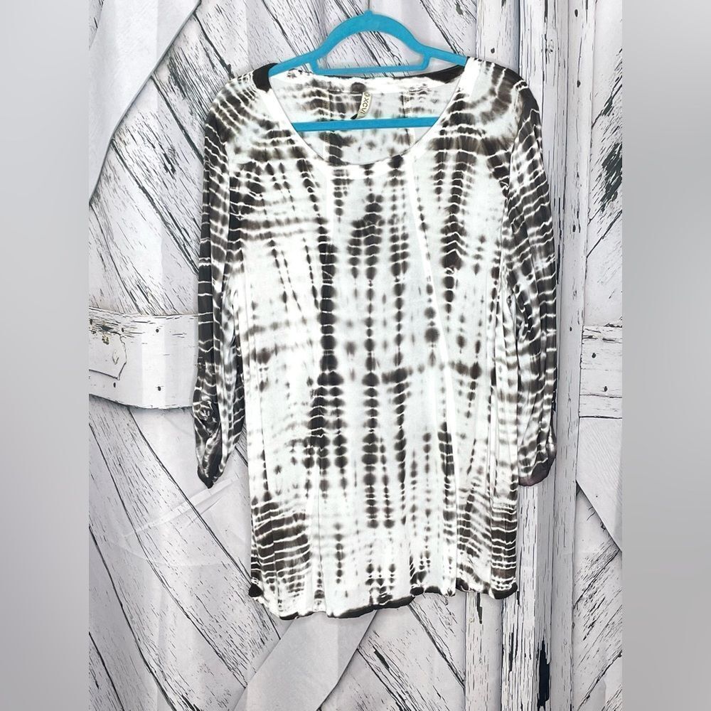 XCVI Brown & White Tie-Dye Roll Tab Sleeve Top Rayon Size XL